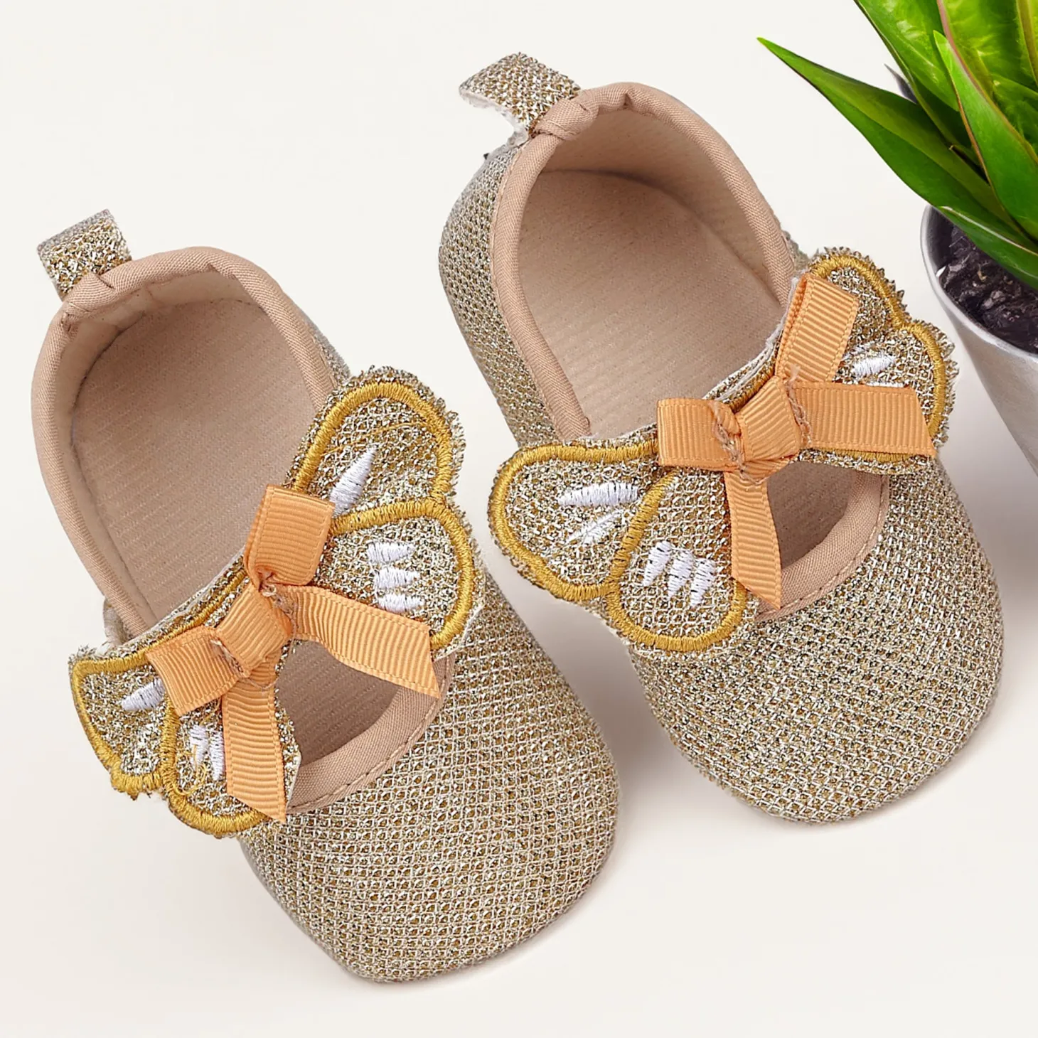 Baby Moo Butterfly Bow Shiny Party Anti-Skid Ballerina Booties - Gold