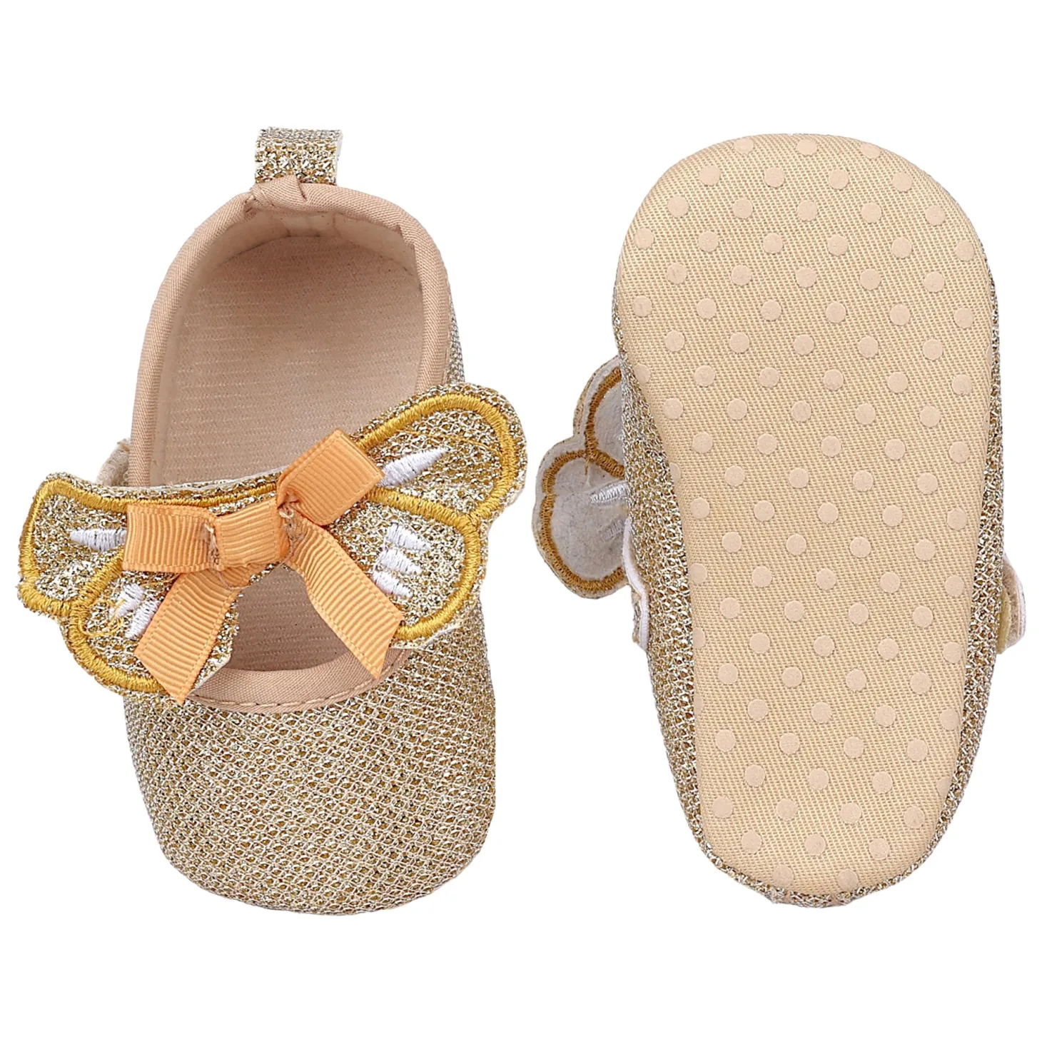 Baby Moo Butterfly Bow Shiny Party Anti-Skid Ballerina Booties - Gold