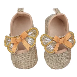 Baby Moo Butterfly Bow Shiny Party Anti-Skid Ballerina Booties - Gold