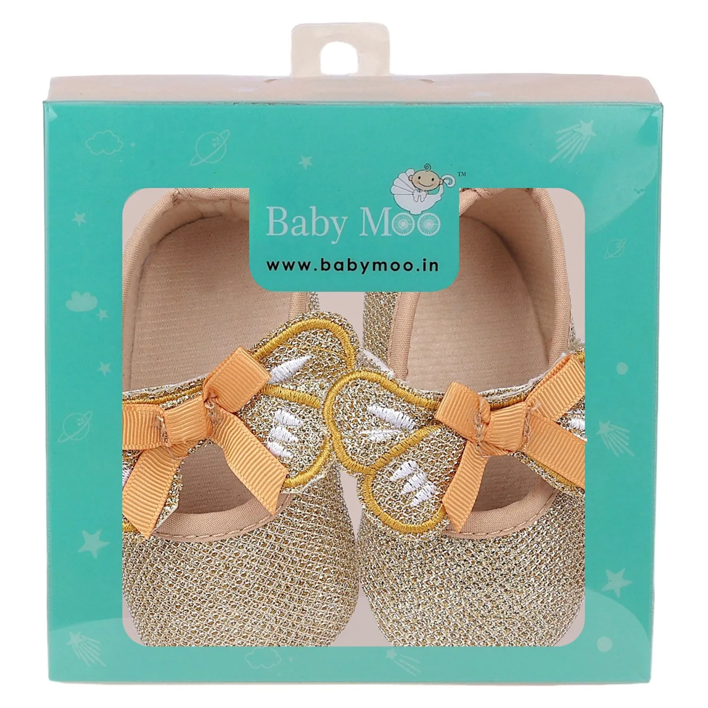 Baby Moo Butterfly Bow Shiny Party Anti-Skid Ballerina Booties - Gold