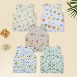 Baby Moo Car And Fruit Print V-Neck Sleeveless Front Opening Button Cotton Jhablas 5 Pcs - Yellow, Multicolour