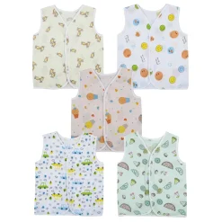 Baby Moo Car And Fruit Print V-Neck Sleeveless Front Opening Button Cotton Jhablas 5 Pcs - Yellow, Multicolour