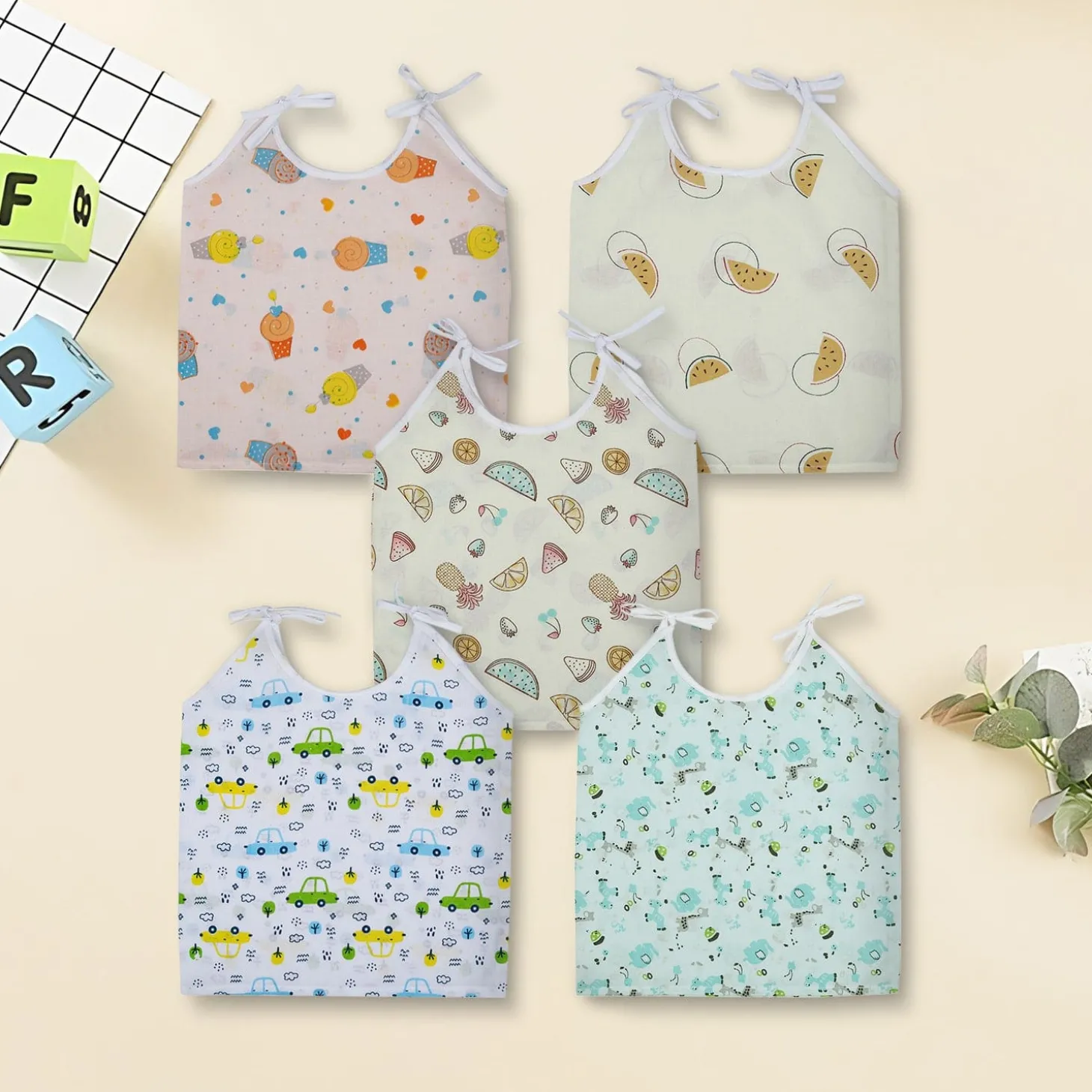 Baby Moo Car And Nature Theme Round Neck Sleeveless Tie Knot Cotton Jhablas 5 Pcs - Yellow, Multicolour