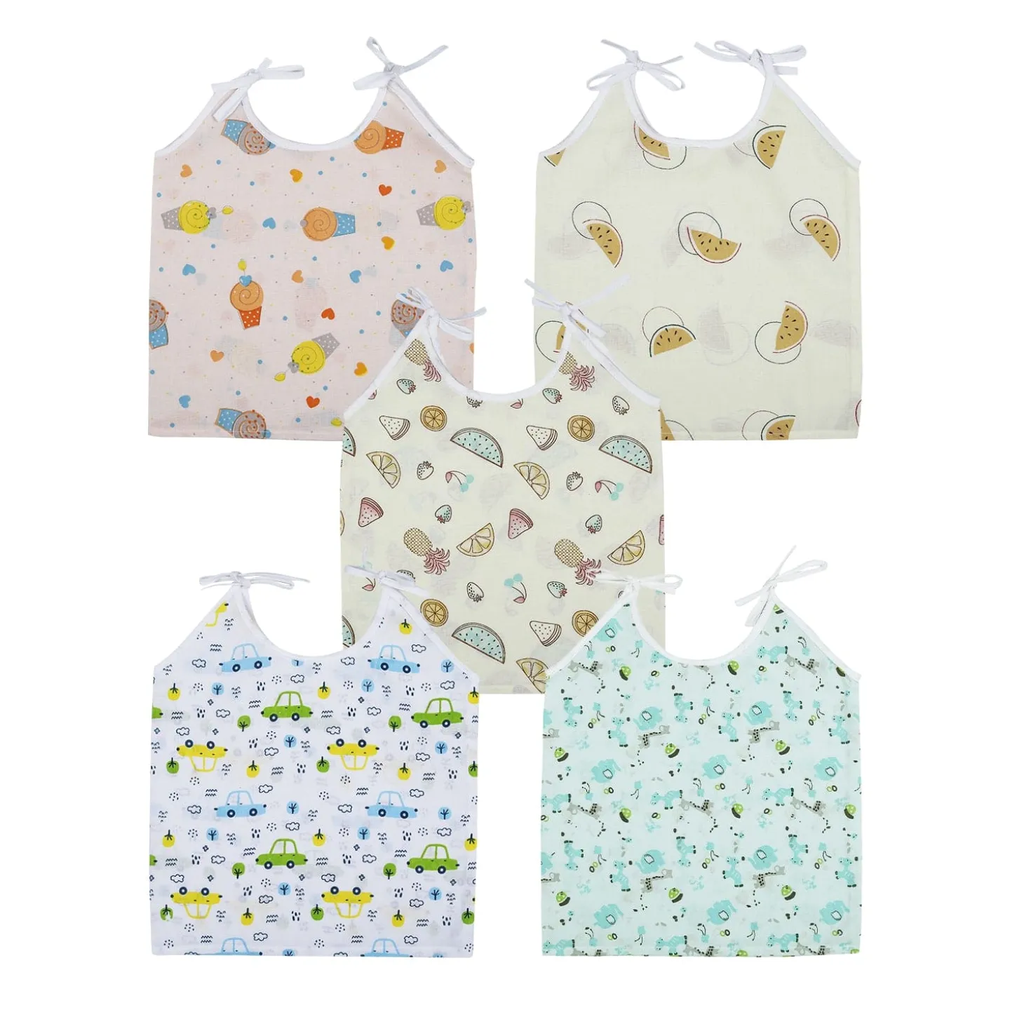 Baby Moo Car And Nature Theme Round Neck Sleeveless Tie Knot Cotton Jhablas 5 Pcs - Yellow, Multicolour