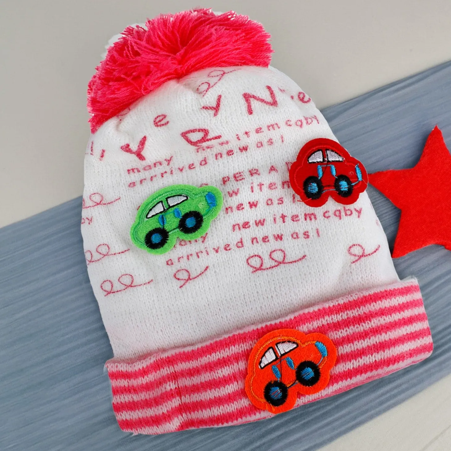 Baby Moo Car Pom Pom Breathable Beanie Warm Knitted Woollen Cap - Pink