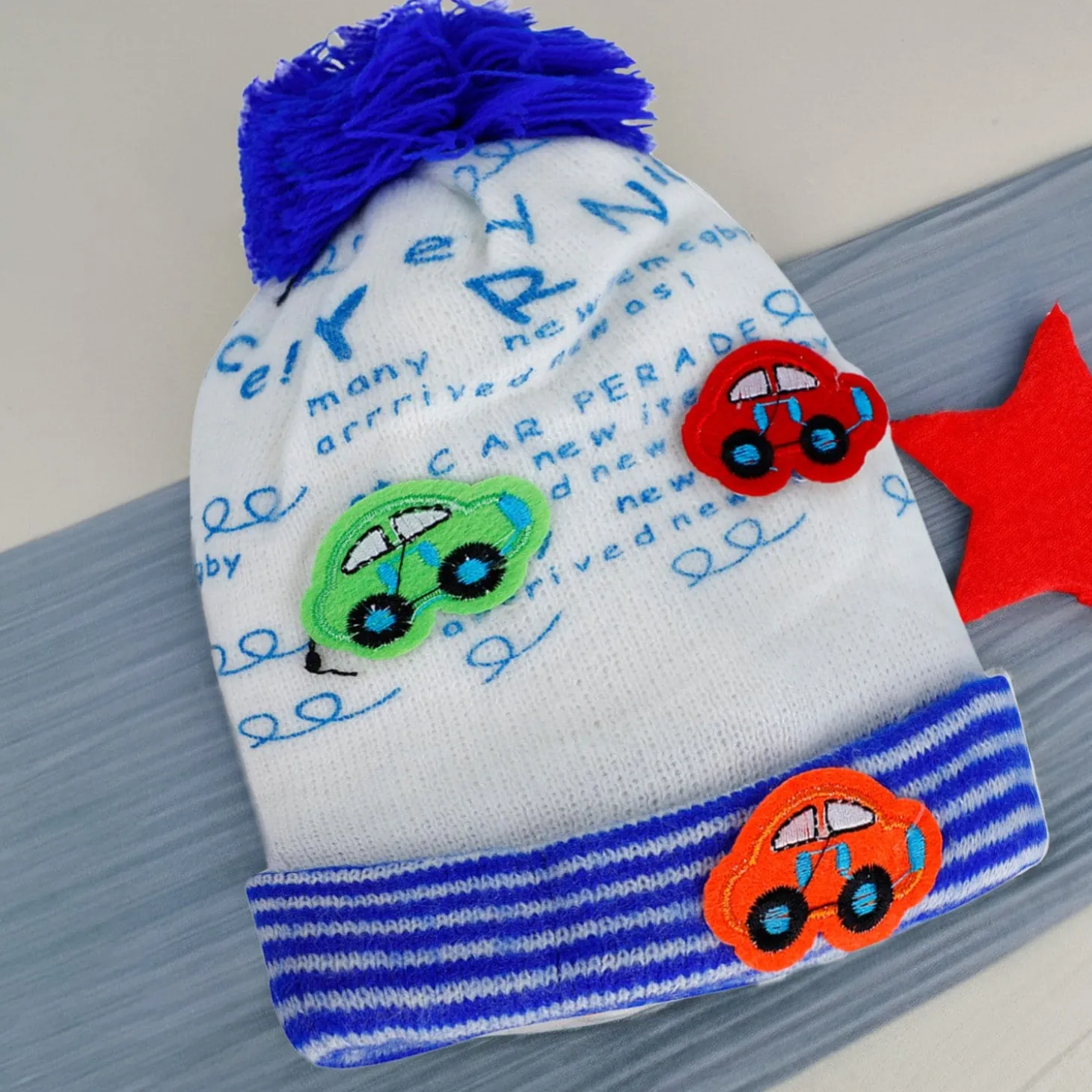Baby Moo Car Pom Pom Breathable Beanie Warm Knitted Woollen Cap - Blue