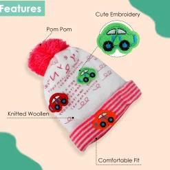 Baby Moo Car Pom Pom Breathable Beanie Warm Knitted Woollen Cap - Pink