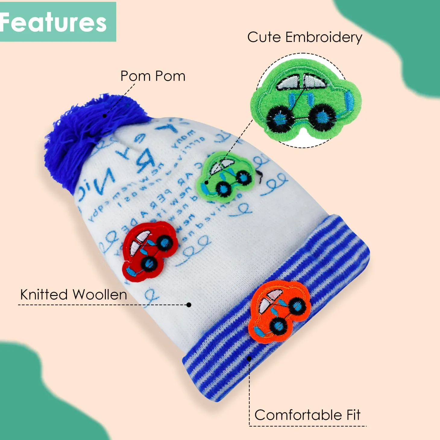 Baby Moo Car Pom Pom Breathable Beanie Warm Knitted Woollen Cap - Blue