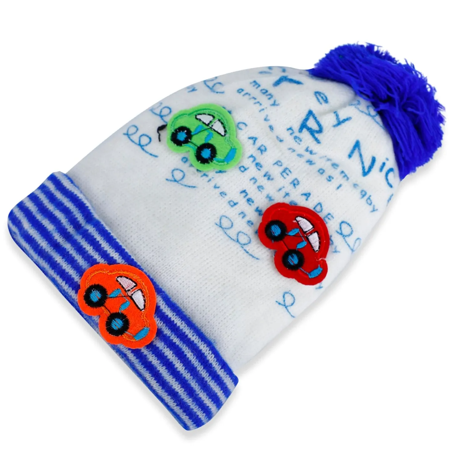 Baby Moo Car Pom Pom Breathable Beanie Warm Knitted Woollen Cap - Blue