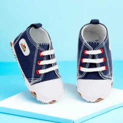 Baby Moo Car Printed Lace-Up Design Anti-Skid Denim Sneakers - Blue, White