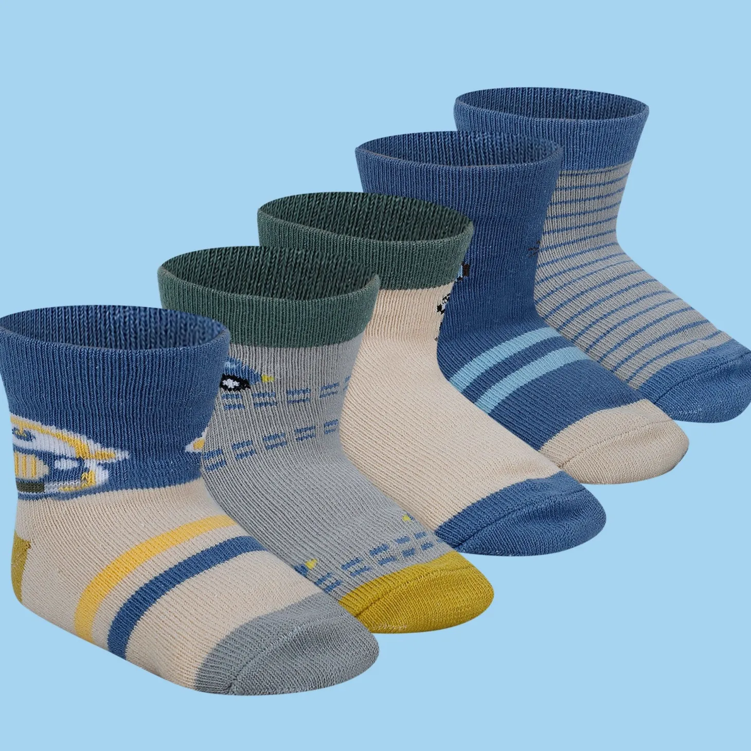 Baby Moo Car Printed Soft Socks Pack of 5 - Blue, Grey