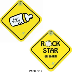 Baby Moo Car Safety Sign Rockstar Baby On Board With Suction Cup Clip 2 Pack - Yellow