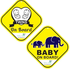 Baby Moo Car Safety Sign Twin Baby On Board With Suction Cup Clip 2 Pack - Yellow