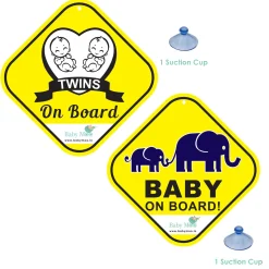 Baby Moo Car Safety Sign Twin Baby On Board With Suction Cup Clip 2 Pack - Yellow