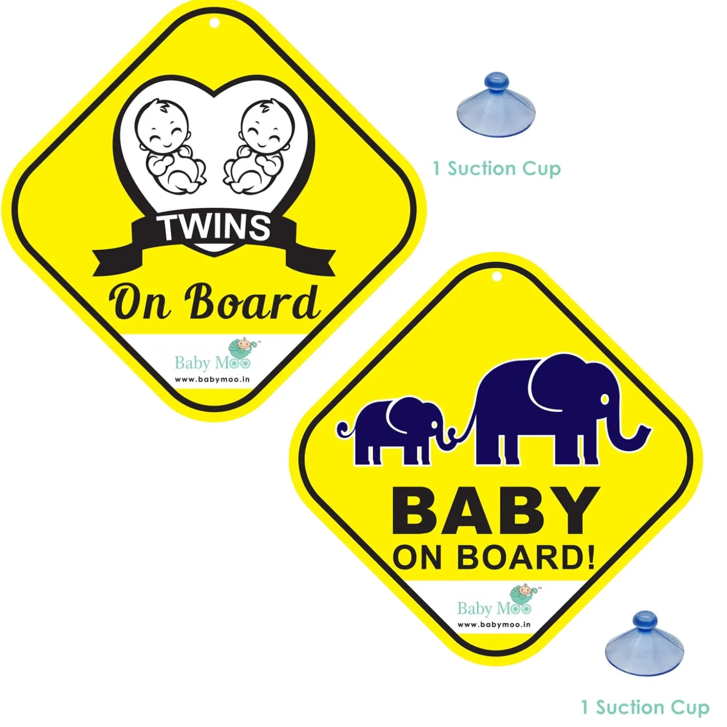 Baby Moo Car Safety Sign Twin Baby On Board With Suction Cup Clip 2 Pack - Yellow