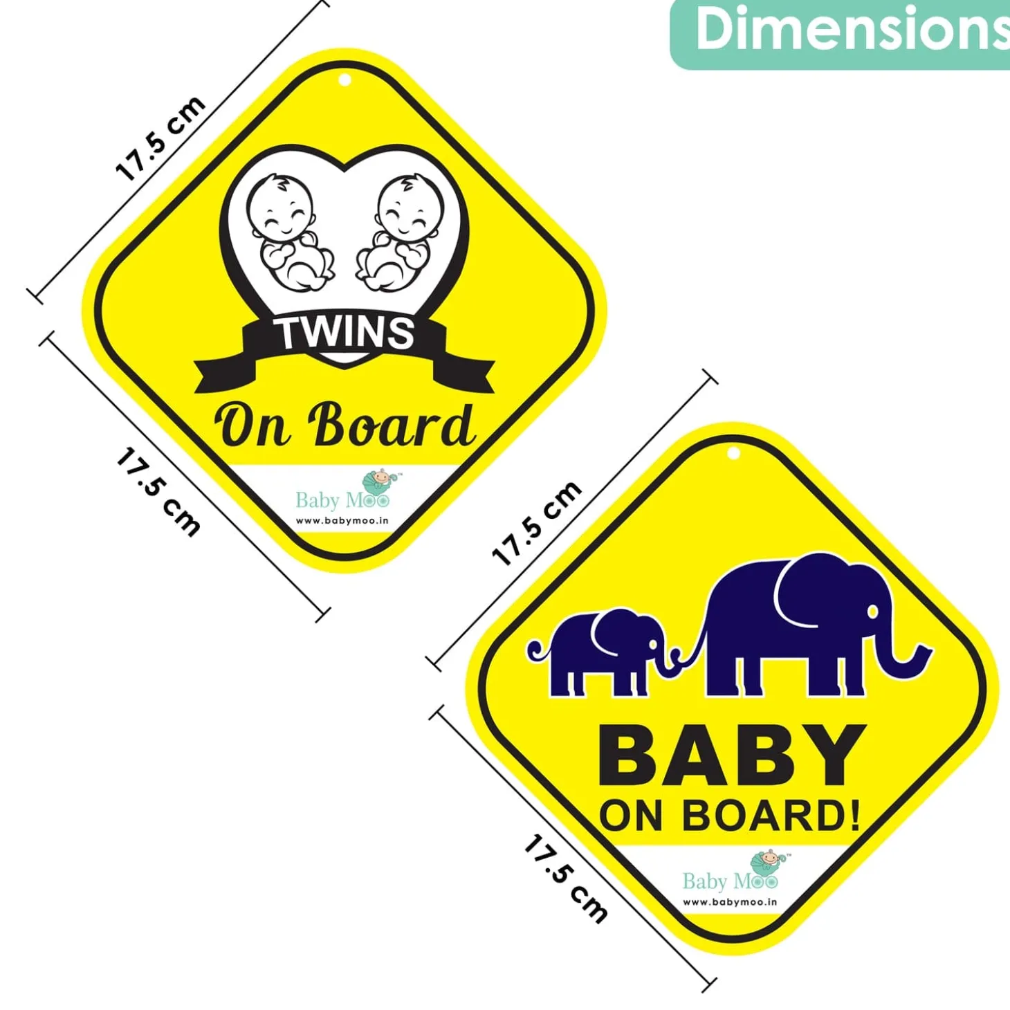 Baby Moo Car Safety Sign Twin Baby On Board With Suction Cup Clip 2 Pack - Yellow