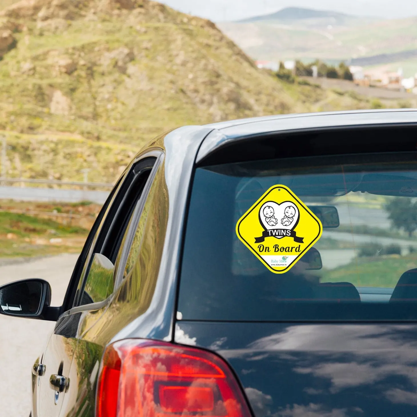 Baby Moo Car Safety Sign Twin Baby On Board With Suction Cup Clip 2 Pack - Yellow