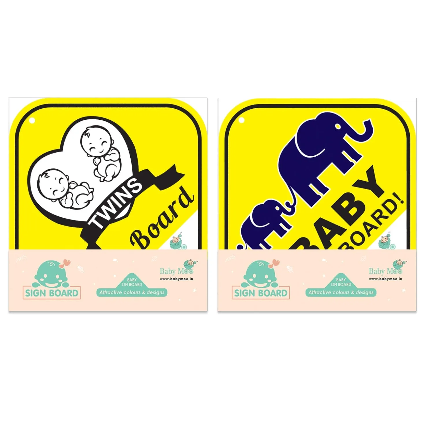 Baby Moo Car Safety Sign Twin Baby On Board With Suction Cup Clip 2 Pack - Yellow