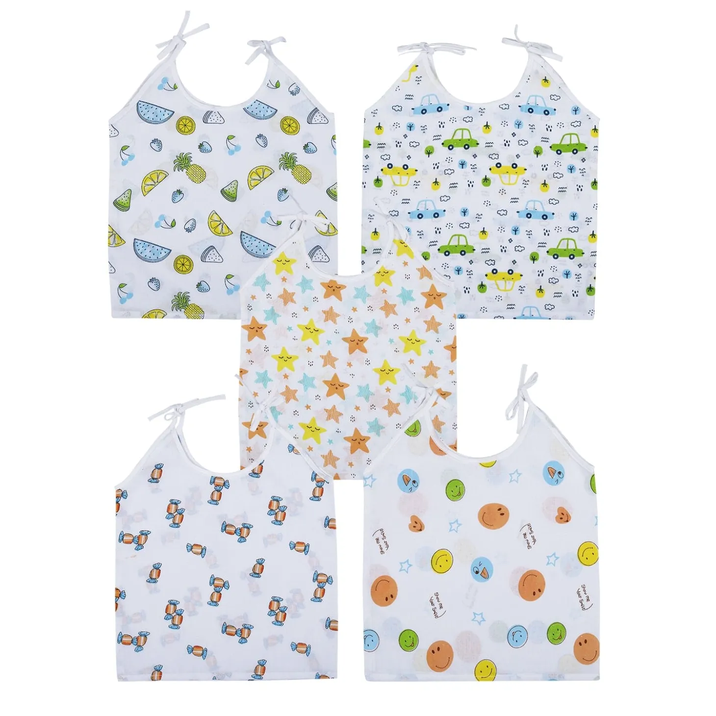 Baby Moo Cars And Stars Round Neck Sleeveless Tie Knot Cotton Jhablas 5 Pcs - Green, Multicolour