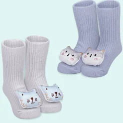 Baby Moo Cat 3D Rattle Anti-Skid Socks Booties Pack of 2 - Blue, Grey