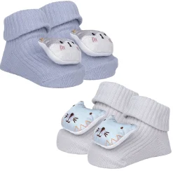 Baby Moo Cat 3D Rattle Anti-Skid Socks Booties Pack of 2 - Blue, Grey