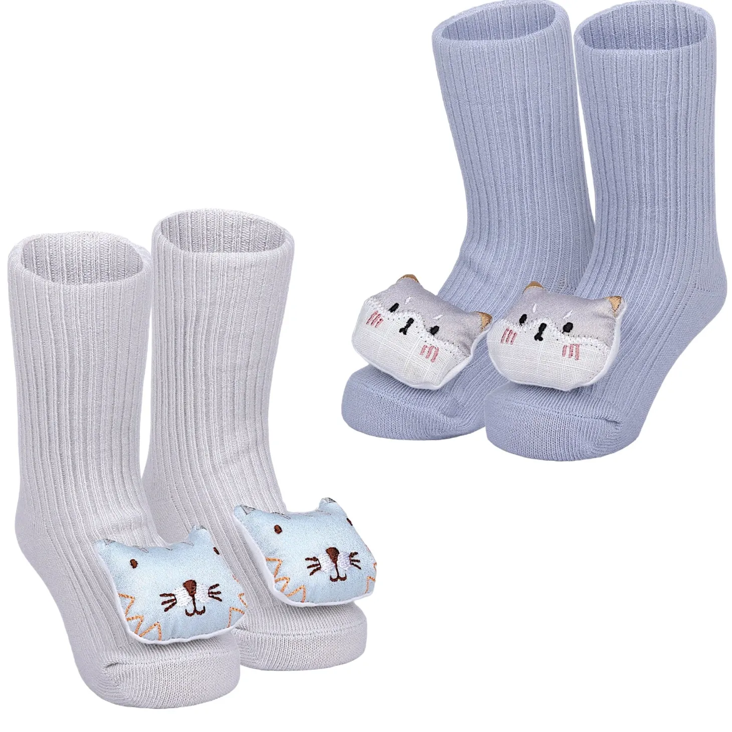 Baby Moo Cat 3D Rattle Anti-Skid Socks Booties Pack of 2 - Blue, Grey
