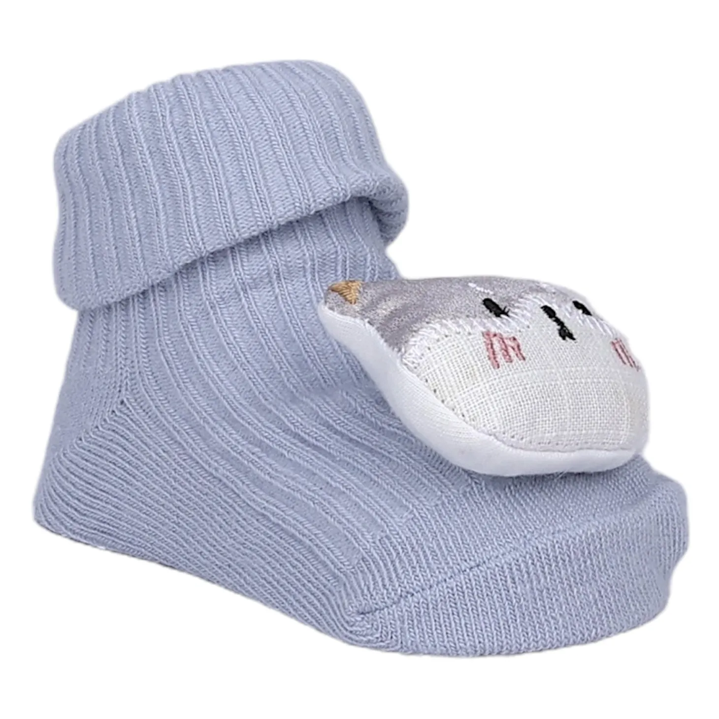 Baby Moo Cat 3D Rattle Anti-Skid Socks Booties Pack of 2 - Blue, Grey