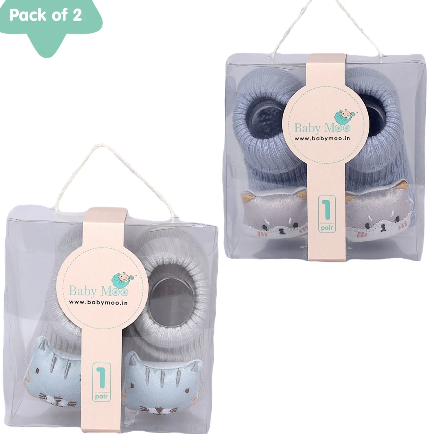 Baby Moo Cat 3D Rattle Anti-Skid Socks Booties Pack of 2 - Blue, Grey