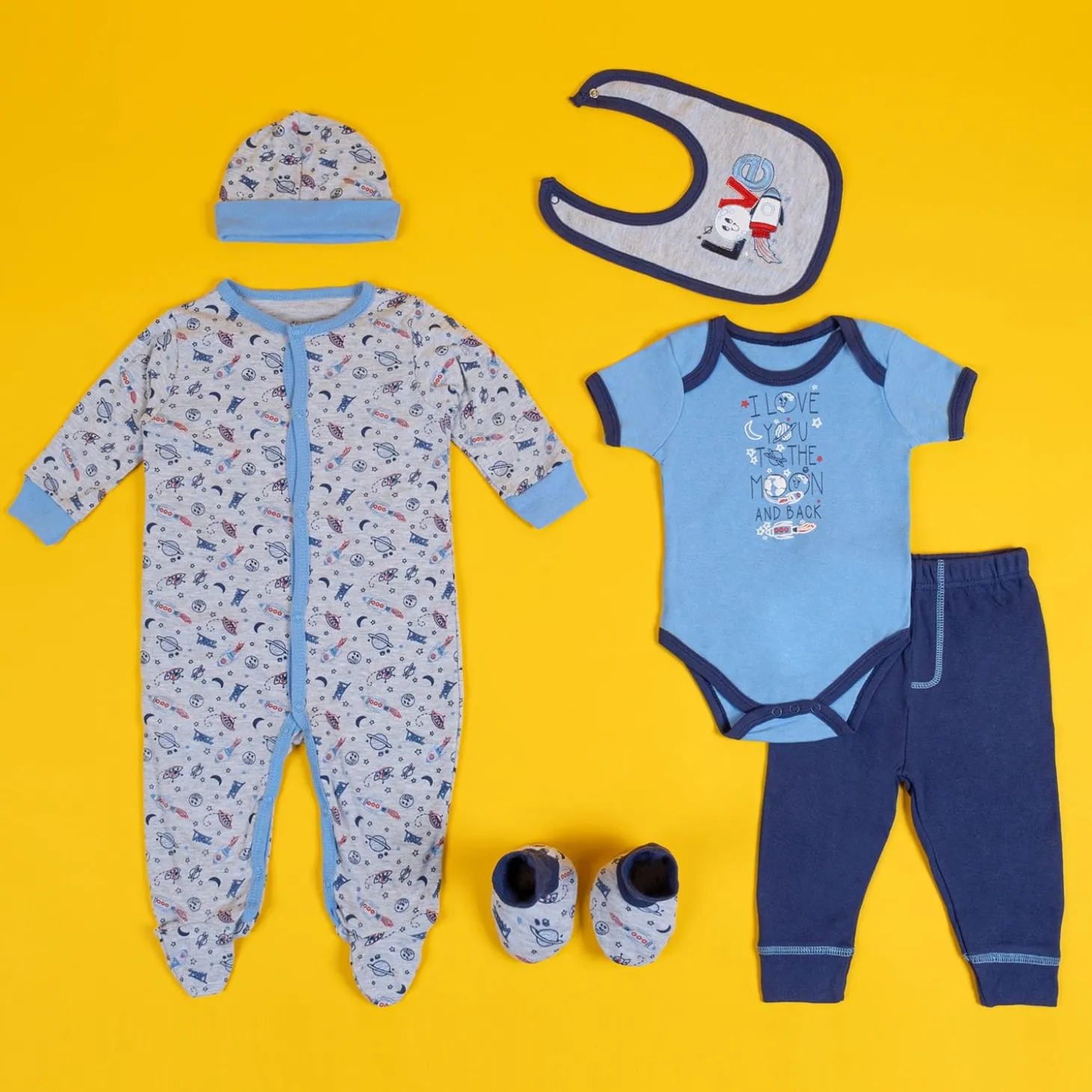 Baby Moo Chandrayaan Gift Set 6 Piece With Bodysuits, Pyjama, Cap, Bib And Socks - Blue