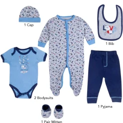 Baby Moo Chandrayaan Gift Set 6 Piece With Bodysuits, Pyjama, Cap, Bib And Socks - Blue