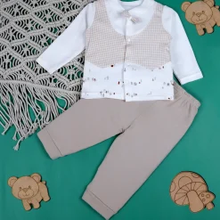 Baby Moo Chequered Gentleman's Long Sleeve 2pcs Baby Suit - Beige