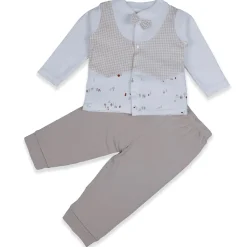 Baby Moo Chequered Gentleman's Long Sleeve 2pcs Baby Suit - Beige
