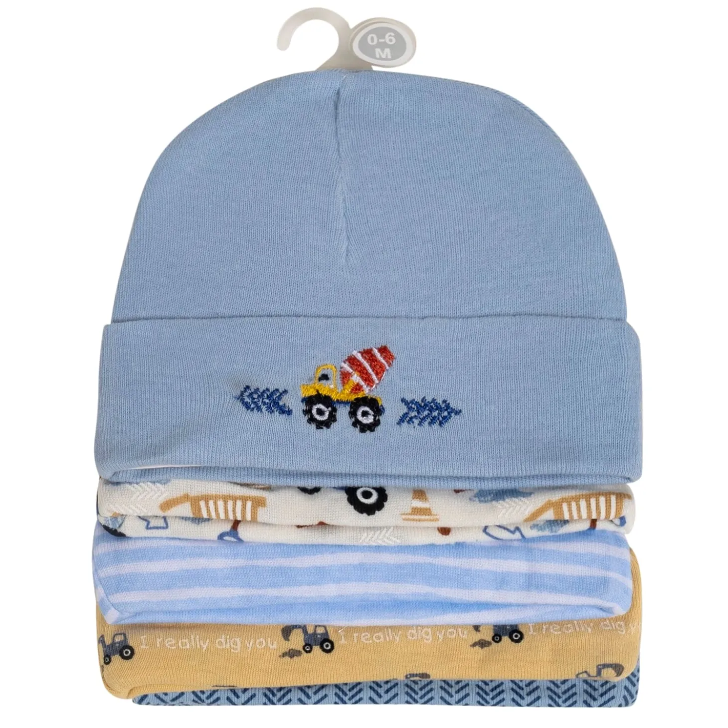 Baby Moo Construction Truck Infants Ultra Soft 100% Cotton All Season Pack of 5 Caps - Blue