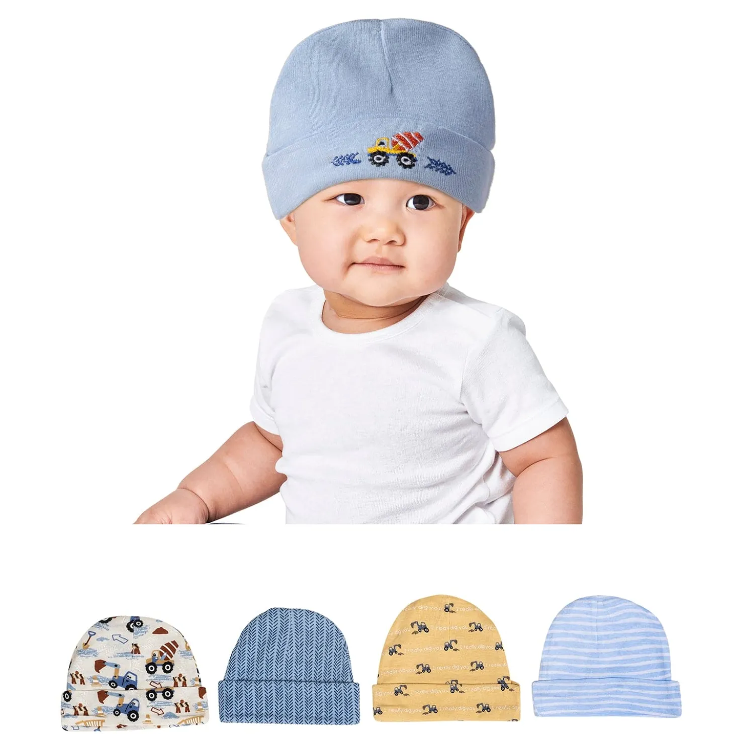 Baby Moo Construction Truck Infants Ultra Soft 100% Cotton All Season Pack of 5 Caps - Blue