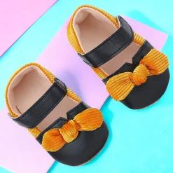 Baby Moo Corduroy Bow Knot Velcro Strap Anti-Skid Ballerina Booties - Black
