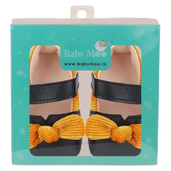 Baby Moo Corduroy Bow Knot Velcro Strap Anti-Skid Ballerina Booties - Black