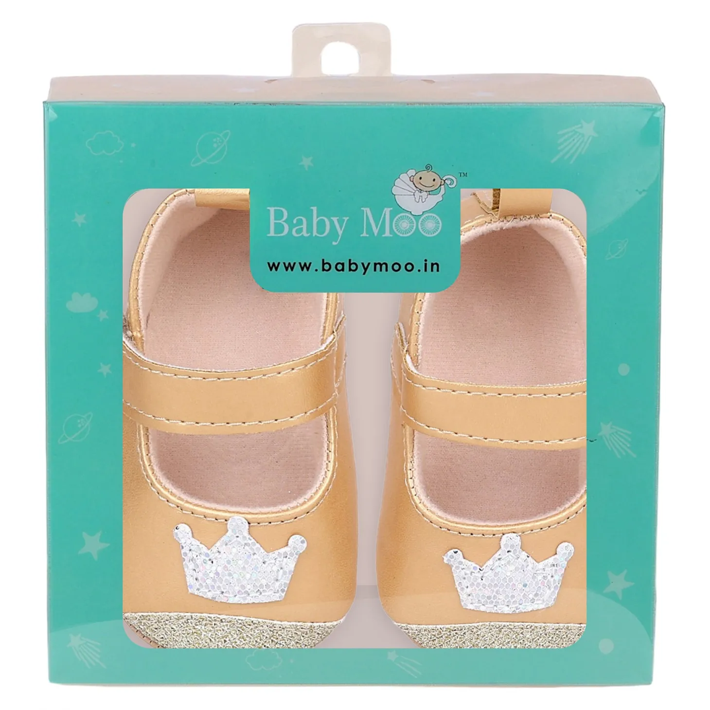 Baby Moo Crown Sequin Partywear Anti-Skid Ballerina Booties - Gold, Metallic