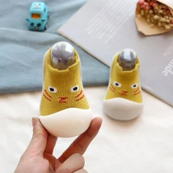 Baby Moo Curious Cat Face Rubber Comfortable Sole Slip-On Sock Shoes - Mustard