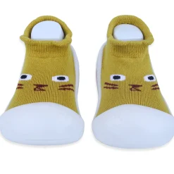 Baby Moo Curious Cat Face Rubber Comfortable Sole Slip-On Sock Shoes - Mustard