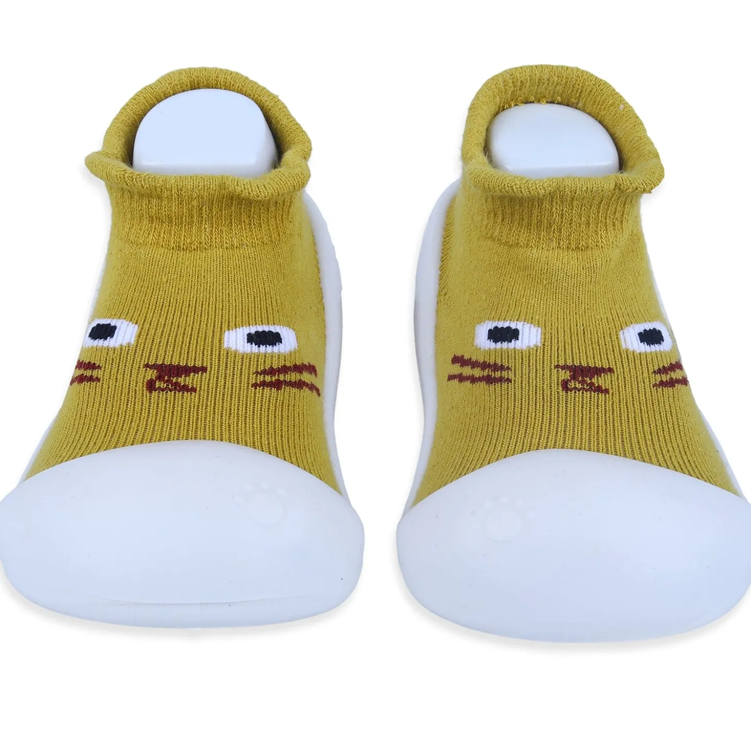 Baby Moo Curious Cat Face Rubber Comfortable Sole Slip-On Sock Shoes - Mustard