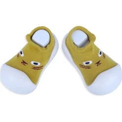 Baby Moo Curious Cat Face Rubber Comfortable Sole Slip-On Sock Shoes - Mustard