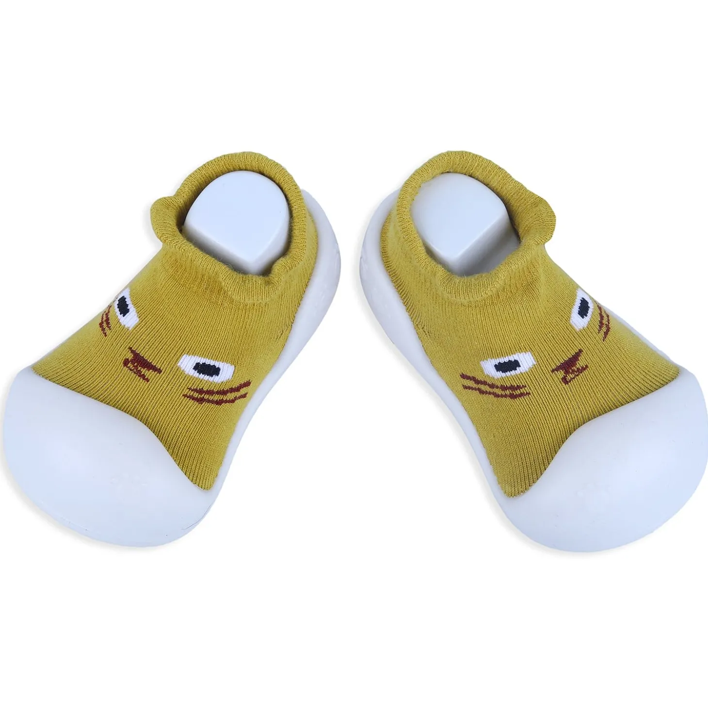 Baby Moo Curious Cat Face Rubber Comfortable Sole Slip-On Sock Shoes - Mustard