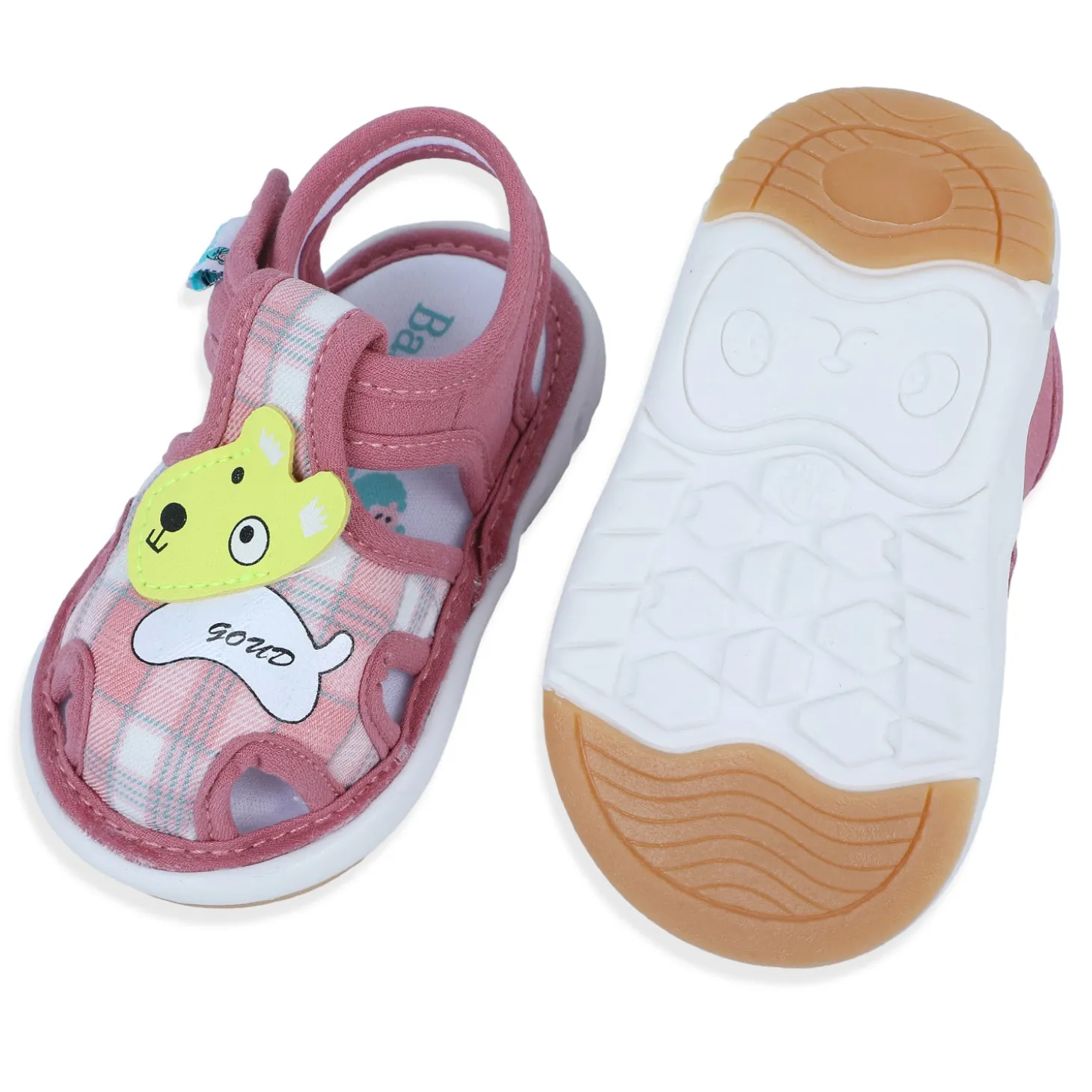 Baby Moo Cute Puppy Checked Chu-Chu Sound Breathable Anti-Skid Sandals - Pink