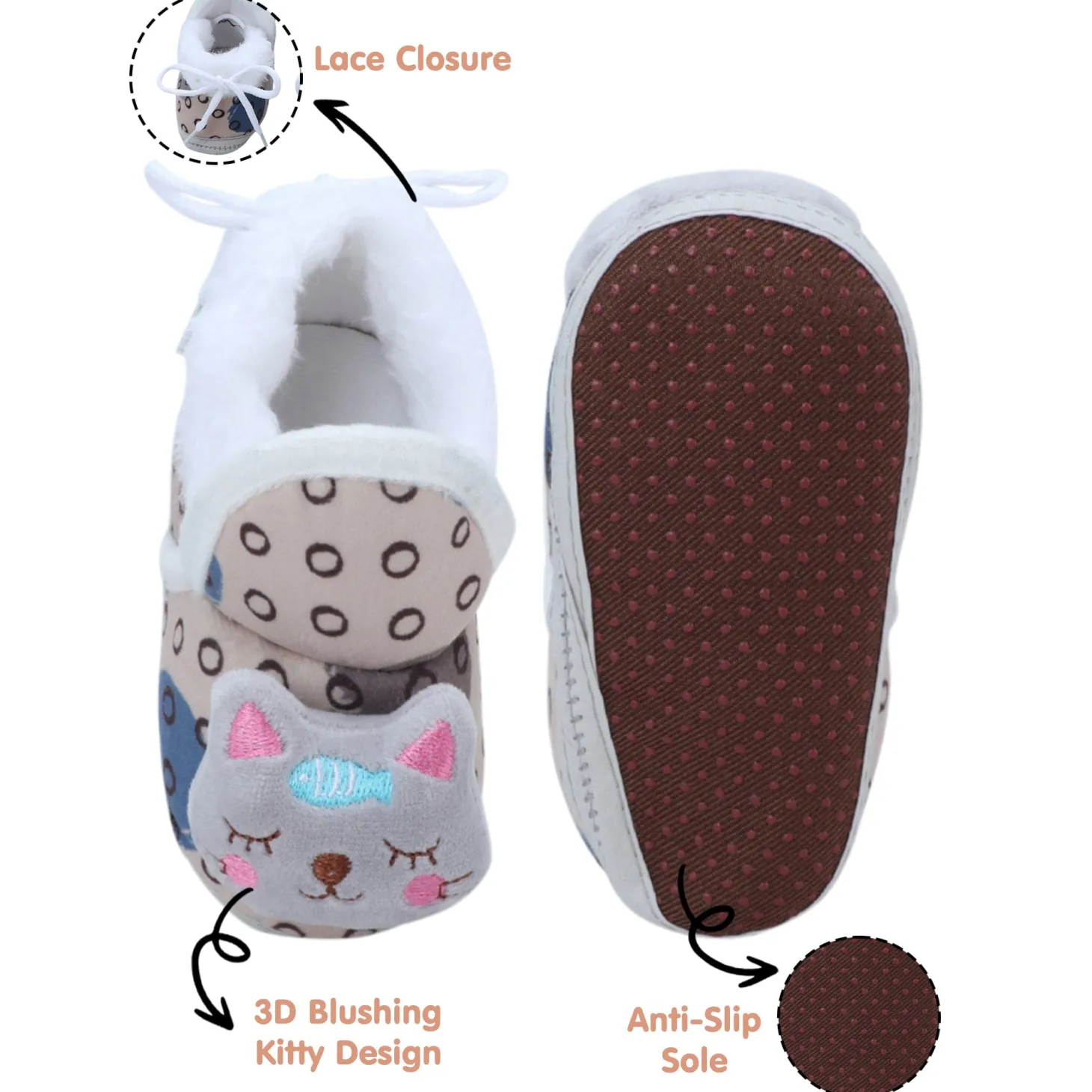 Baby Moo 3D Blushing Kitty Soft Slip-On Anti-Skid Plush Warm Booties - Beige