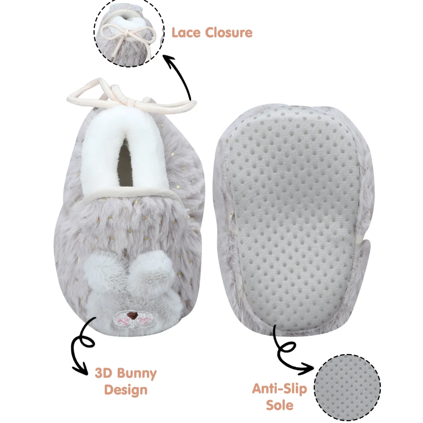 Baby Moo 3D Bunny Soft Slip-On Anti-Skid Plush Warm Booties - Grey