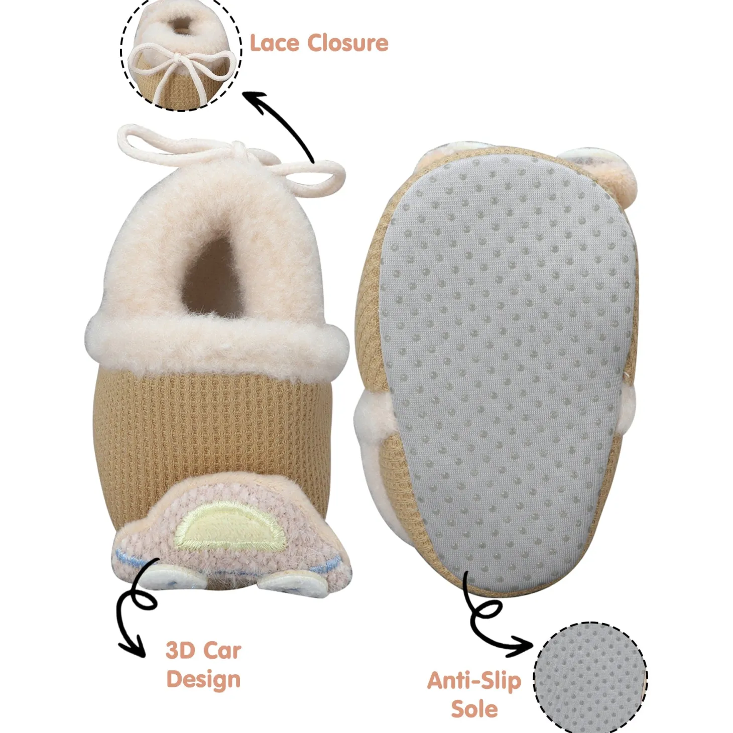 Baby Moo 3D Car Soft Slip-On Anti-Skid Plush Warm Booties - Brown