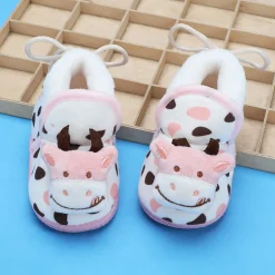 Baby Moo 3D Cow Abstract Spots Soft Slip-On Anti-Skid Plush Warm Booties - Pink