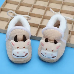 Baby Moo 3D Cow Soft Slip-On Anti-Skid Plush Warm Booties - Beige