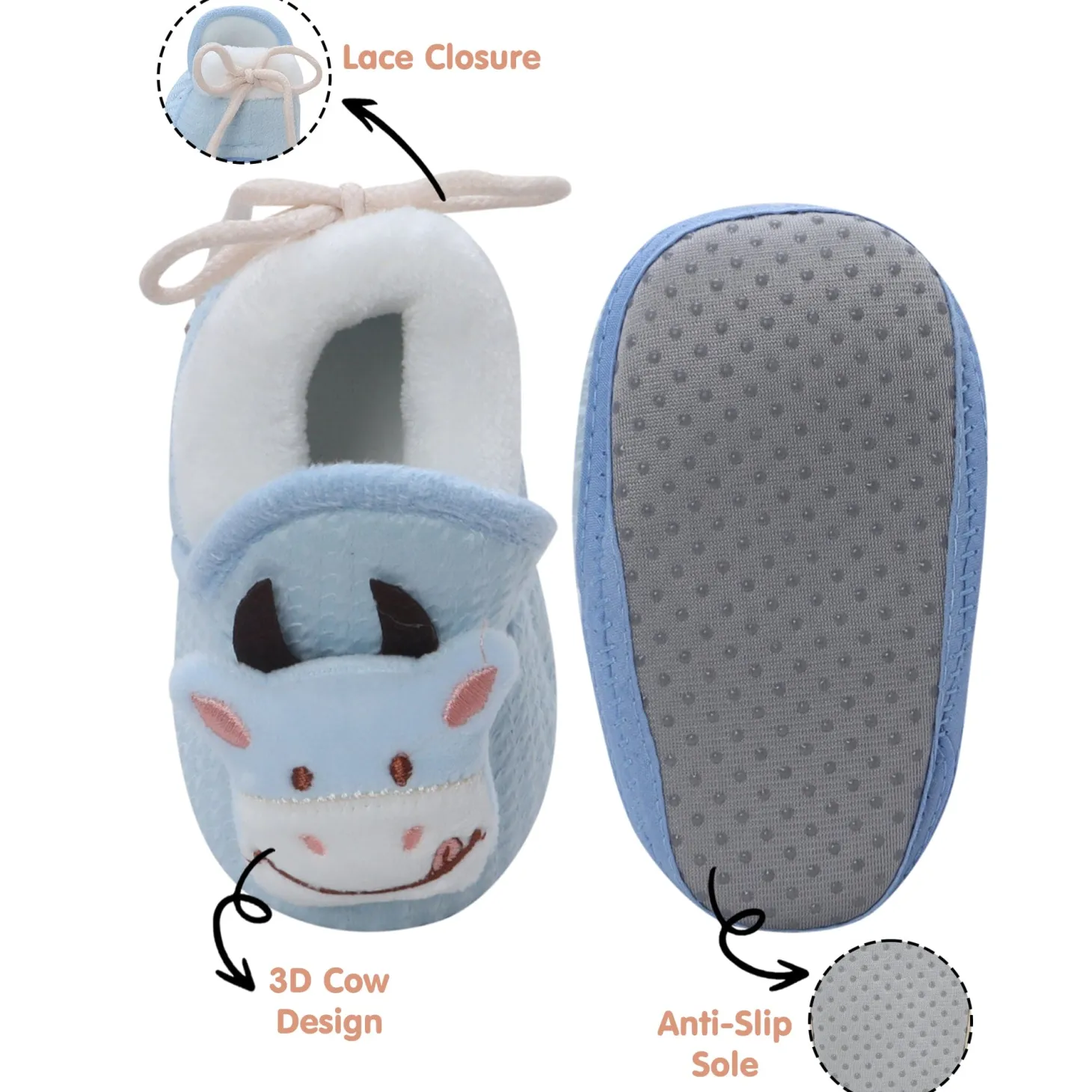 Baby Moo 3D Cow Soft Slip-On Anti-Skid Plush Warm Booties - Blue