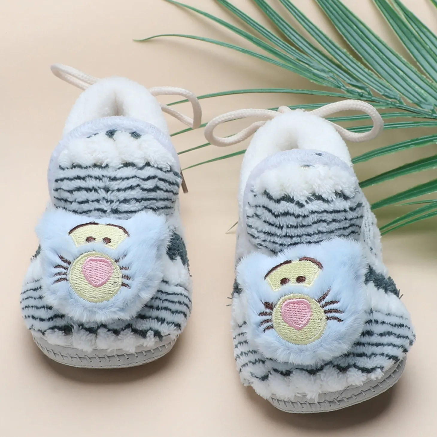 Baby Moo 3D Cub Striped Soft Slip-On Anti-Skid Plush Warm Booties - Blue